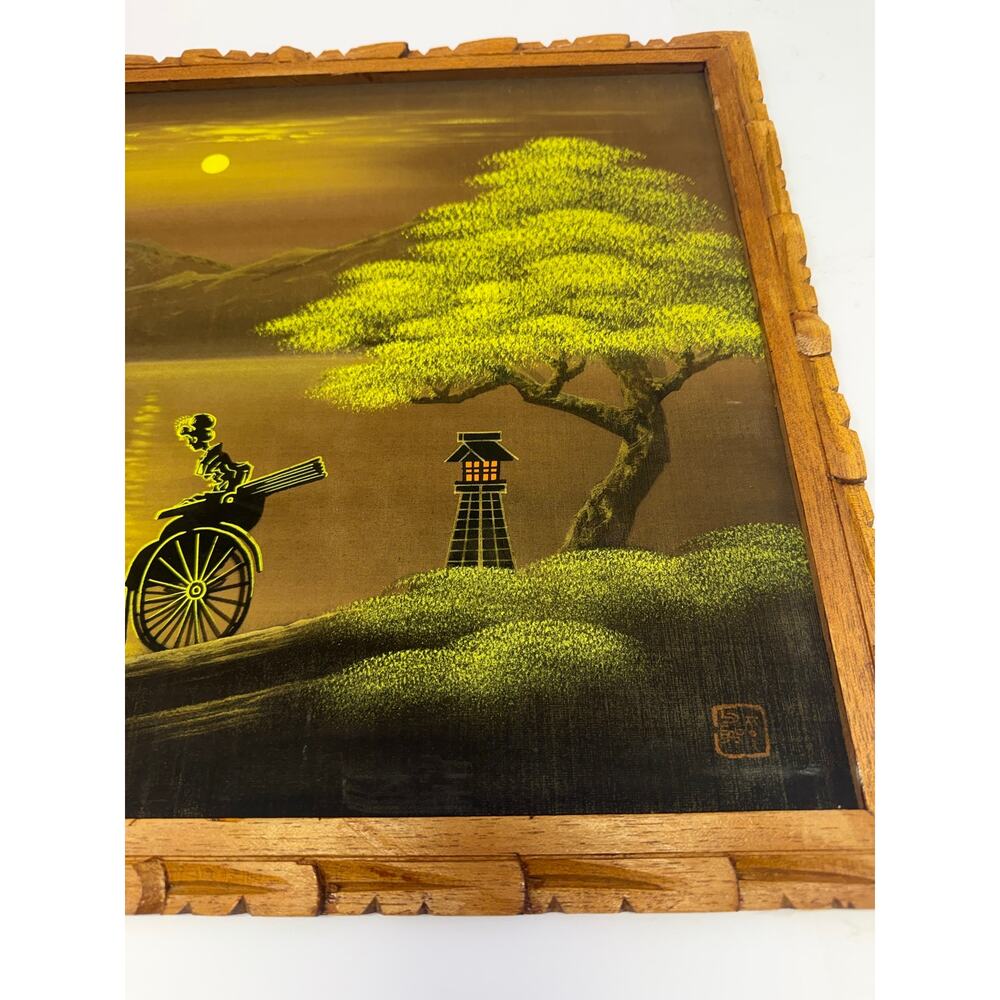 Satin/Cloth Painting mountain moonlight lantern Painting Signed 18" X 15" - Picture 3 of 8